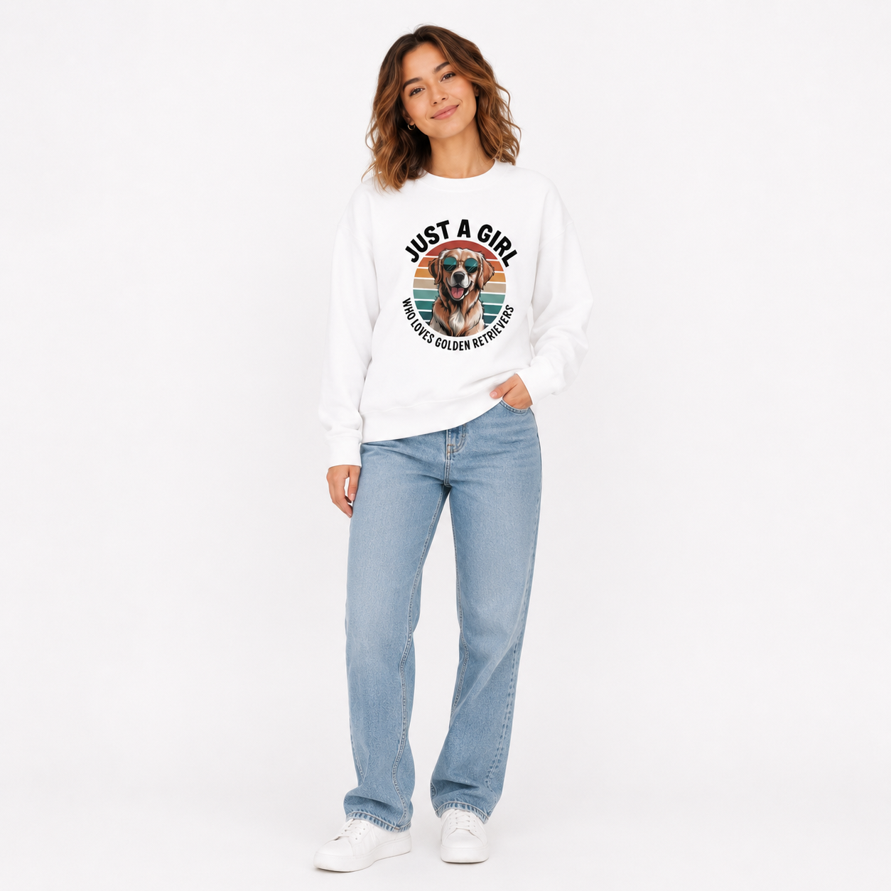 Just a girl who loves golden retrievers sweatshirt, retro sunset golden retriever print artwork