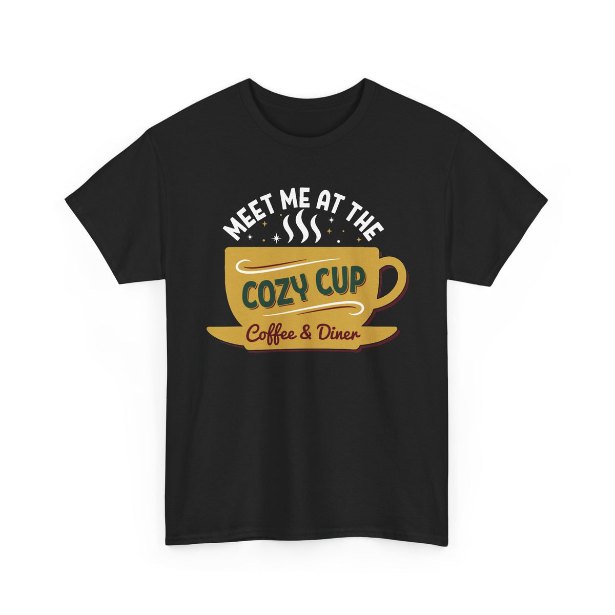 Black Meet Me At The Cozy Cup t-shirt with a steaming golden coffee cup and retro diner lettering, front view