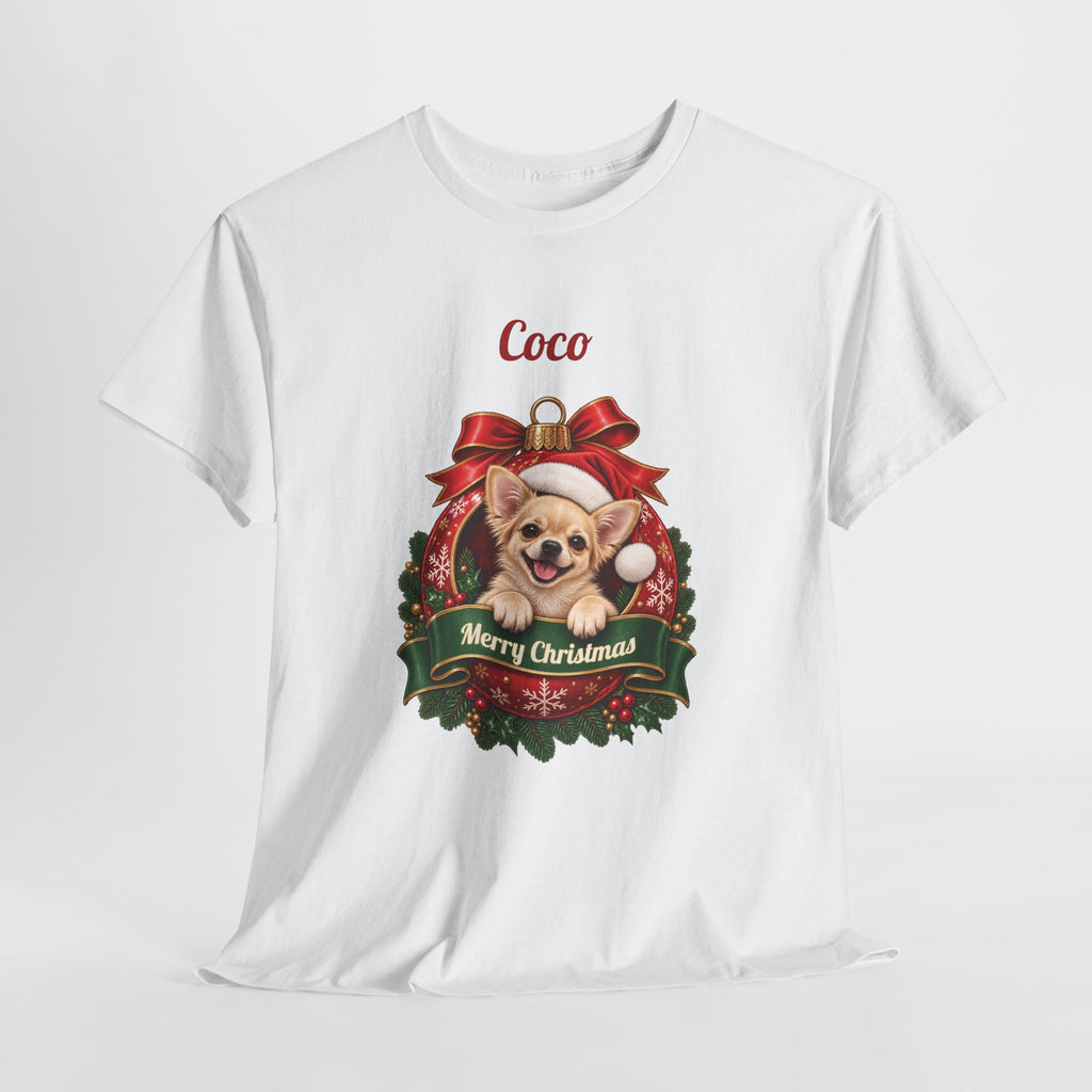 Personalized Chihuahua Christmas T-Shirt, hanging on a hanger