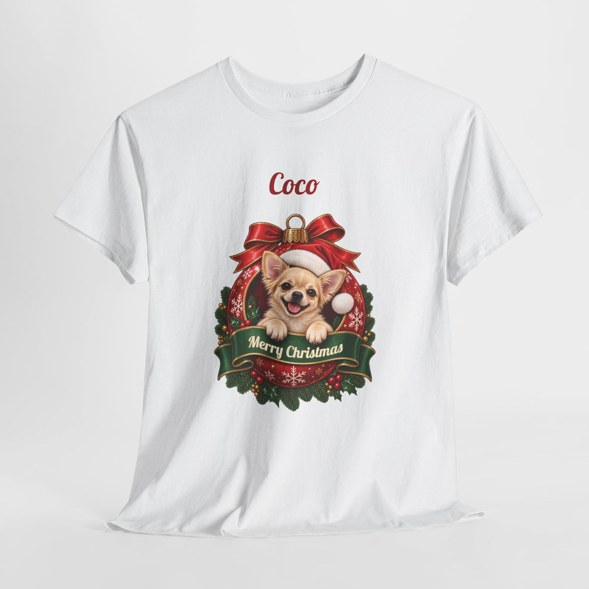 Personalized Chihuahua Christmas T-Shirt, hanging on a hanger