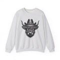 Ash Highland cow cowboy hat sweatshirt with vintage engraved cow in a sheriff hat, front view
