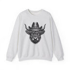 Ash Highland cow cowboy hat sweatshirt with vintage engraved cow in a sheriff hat, front view