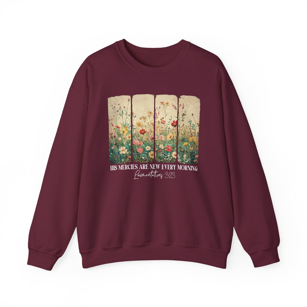 Maroon His Mercies Are New Every Morning sweatshirt with wildflower print, front view