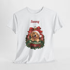 Personalized Golden Retriever Christmas T-Shirt, hanging on a hanger