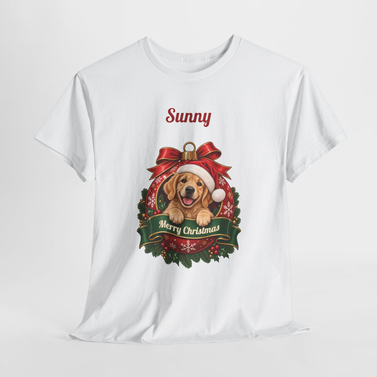 Personalized Golden Retriever Christmas T-Shirt, hanging on a hanger