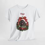 Personalized Black Great Dane Christmas T-Shirt, hanging on a hanger