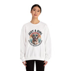 Model wearing the Just a Girl Who Loves Golden Retrievers Sweatshirt