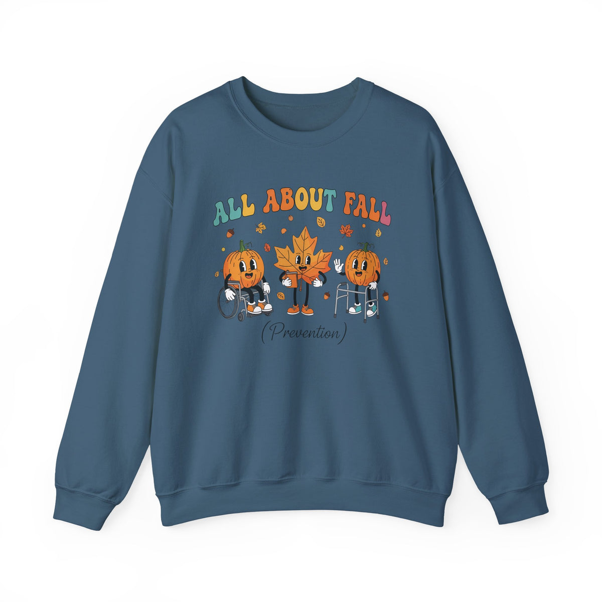 Indigo Blue All About Fall Prevention sweatshirt with retro pumpkin and leaf characters, front view