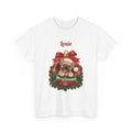 White Personalized French Bulldog Christmas T-Shirt with a French Bulldog in a Christmas ornament and a custom name, front view