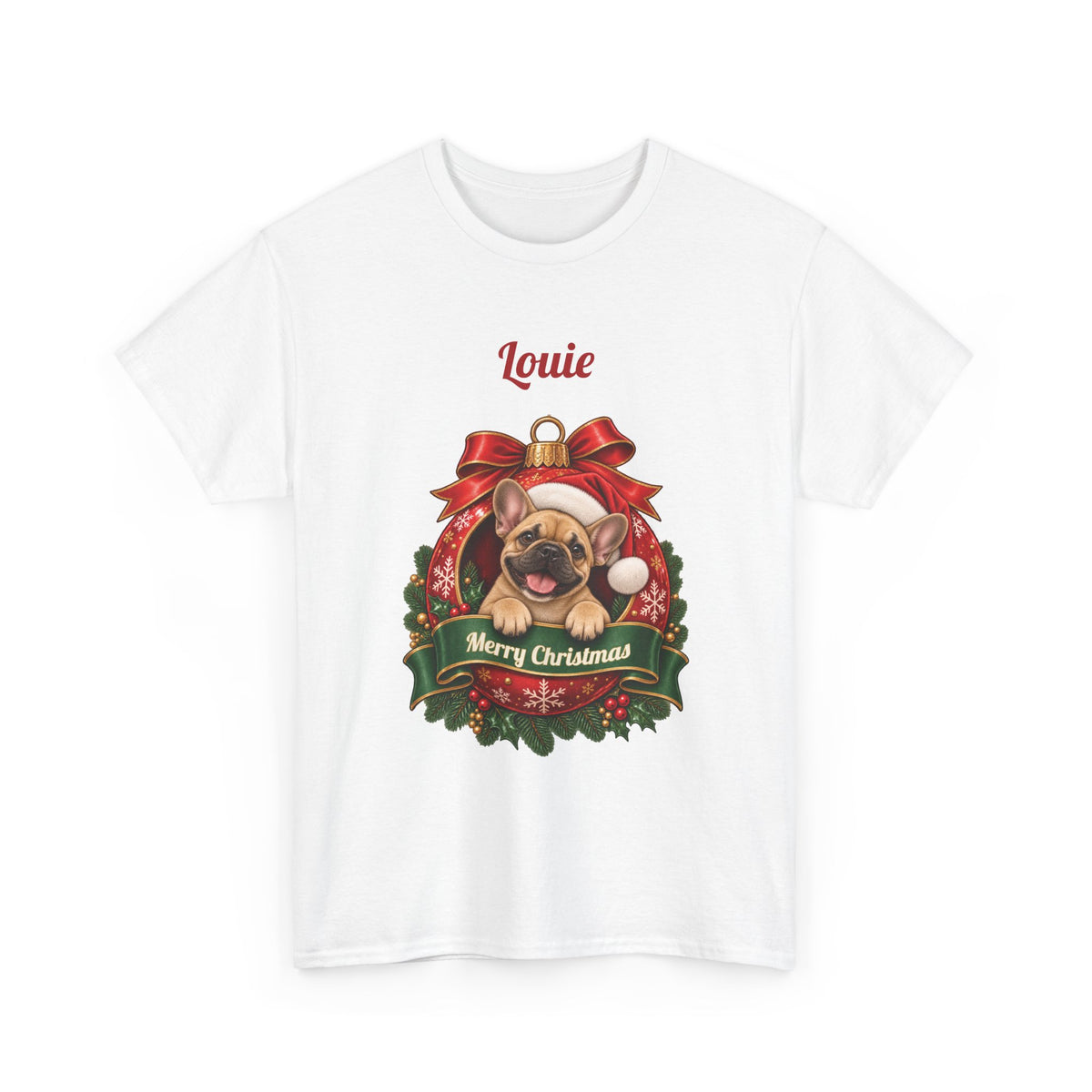 White Personalized French Bulldog Christmas T-Shirt with a French Bulldog in a Christmas ornament and a custom name, front view