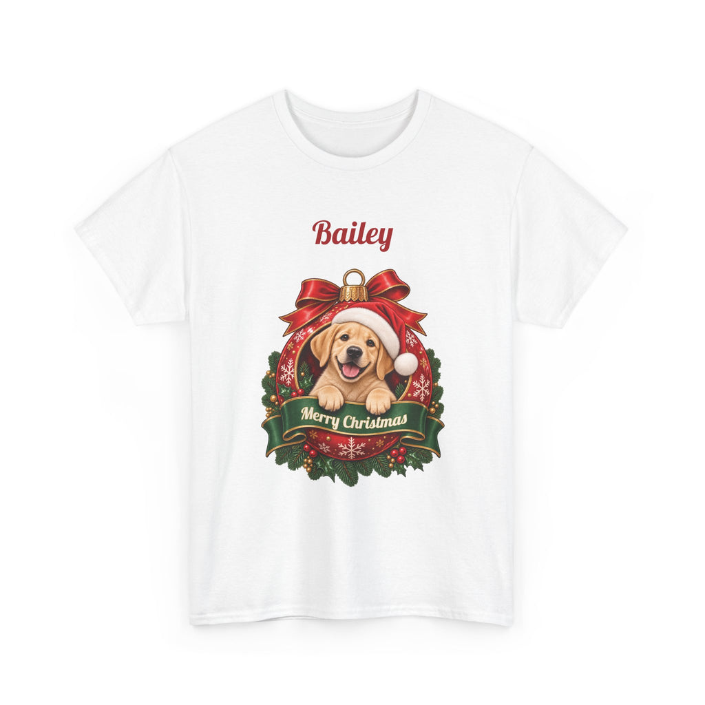 White Personalized Labrador Christmas T-Shirt with a Labrador in a Christmas ornament and a custom name, front view