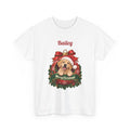 White Personalized Labrador Christmas T-Shirt with a Labrador in a Christmas ornament and a custom name, front view
