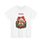 White Personalized Labrador Christmas T-Shirt with a Labrador in a Christmas ornament and a custom name, front view