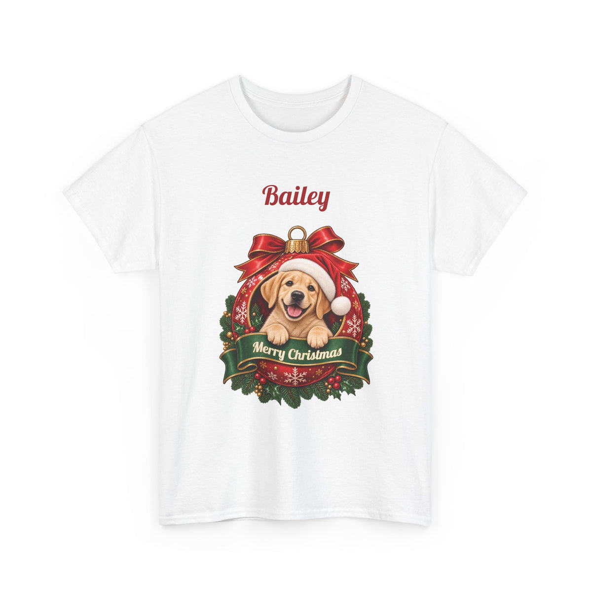 White Personalized Labrador Christmas T-Shirt with a Labrador in a Christmas ornament and a custom name, front view