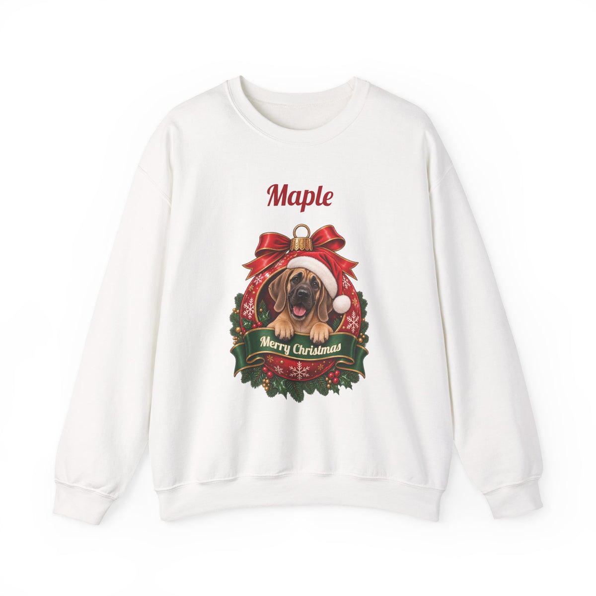 White Personalized Fawn Great Dane Christmas Sweatshirt with a fawn Great Dane in a Christmas ornament and a custom name, front view