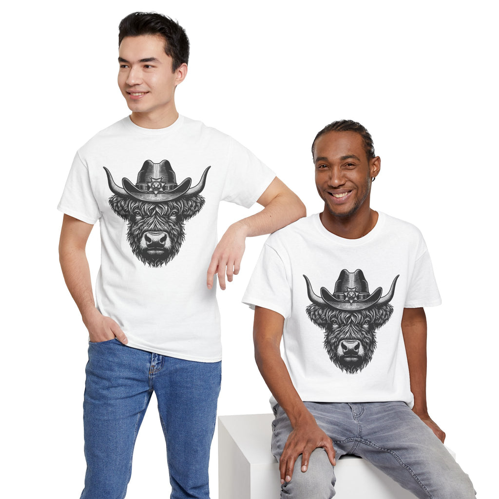 Model wearing the Highland Cow Cowboy Hat T-Shirt