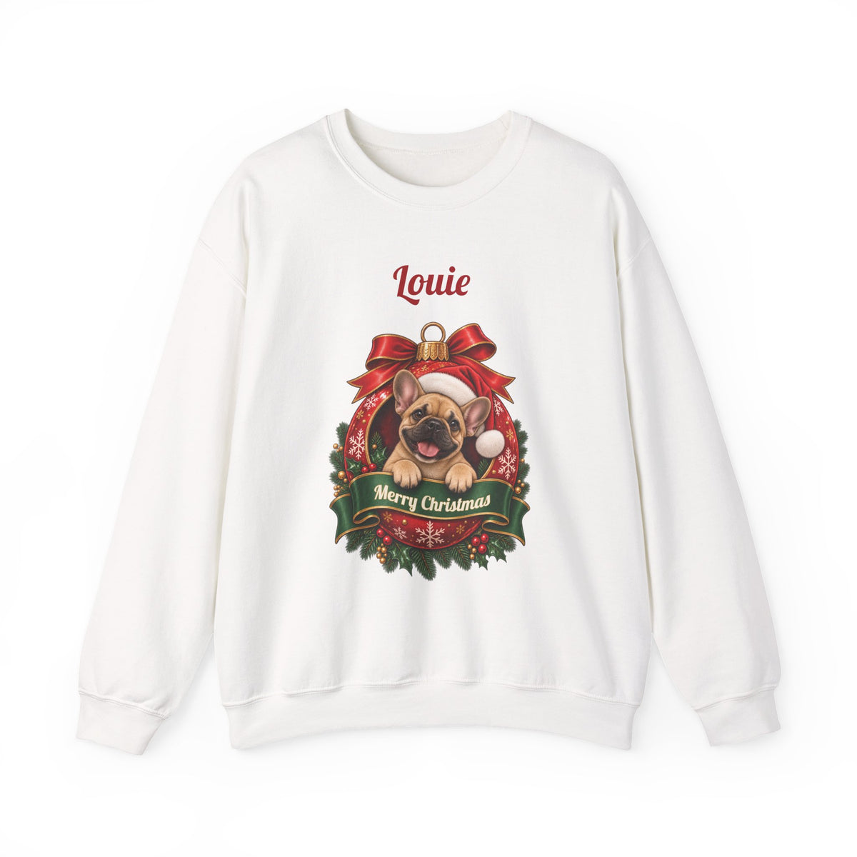 White Personalized French Bulldog Christmas Sweatshirt with a French Bulldog in a Christmas ornament and a custom name, front view