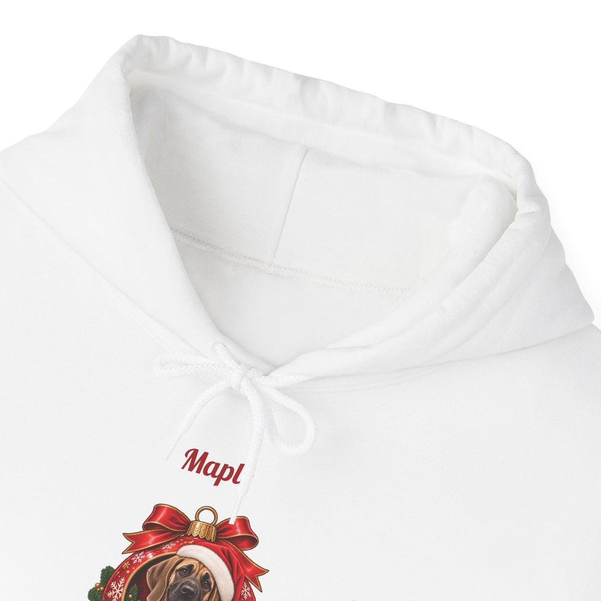 Personalized Fawn Great Dane Christmas Hoodie, front collar close-up