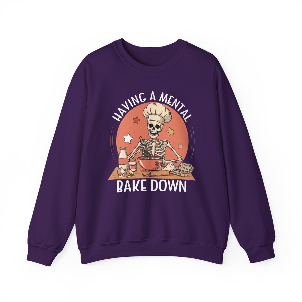 Purple Having A Mental Bake Down skeleton baker sweatshirt, front view