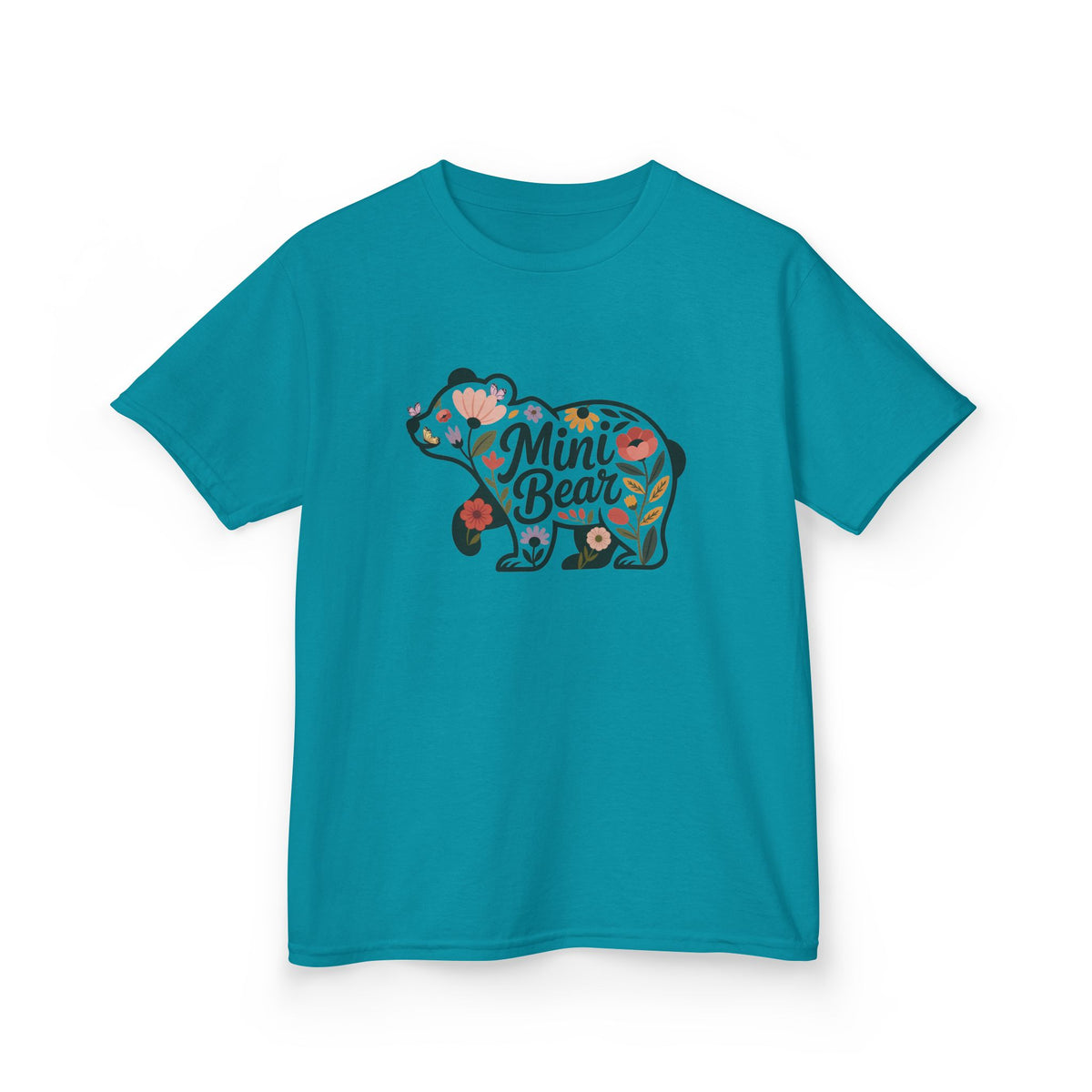 Tropical Blue Floral Mini Bear kids t-shirt with wildflower bear print, front view