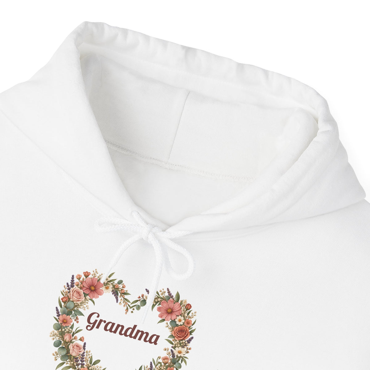 Close-up of the wildflower heart print on the White Personalized Grandma Hoodie With Grandkids Names