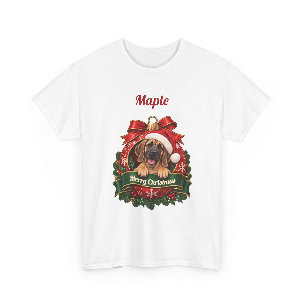 White Personalized Fawn Great Dane Christmas T-Shirt with a fawn Great Dane in a Christmas ornament and a custom name, front view