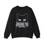 Black Judging You Silently Cat Sweatshirt with a black cat peeking over the words Judging You Silently, front view