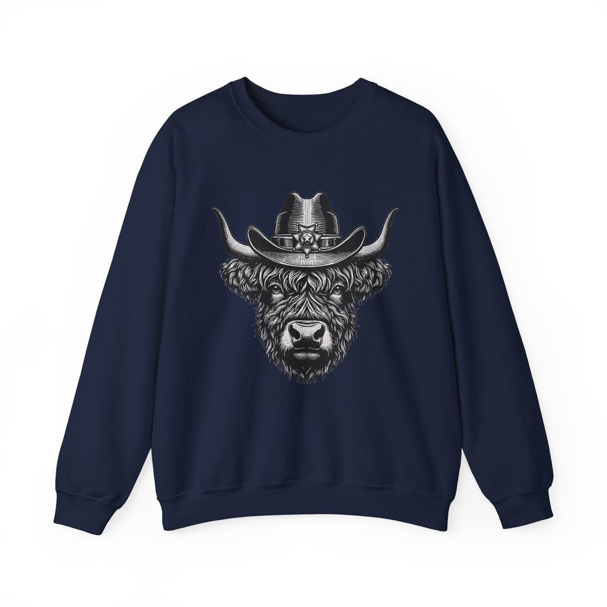 Navy Highland cow cowboy hat sweatshirt with vintage engraved cow in a sheriff hat, front view