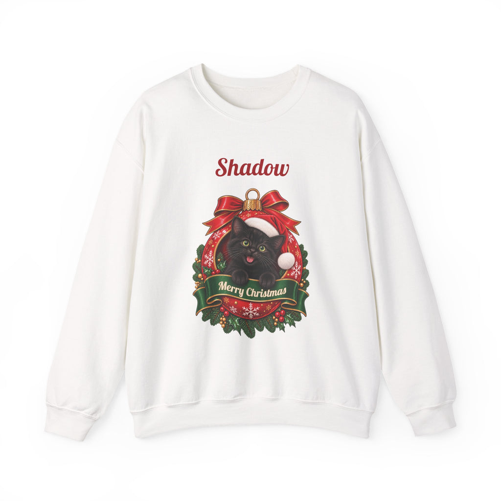 White Personalized Black Cat Christmas Sweatshirt with a black cat in a Christmas ornament and a custom name, front view