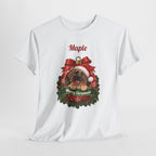 Personalized Fawn Great Dane Christmas T-Shirt, hanging on a hanger