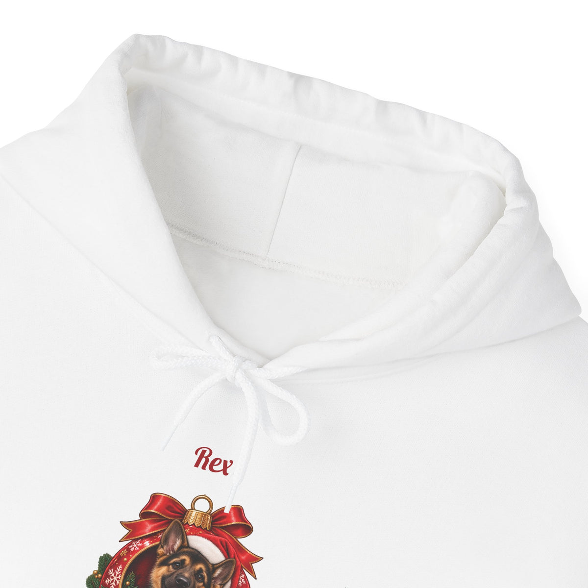 Personalized German Shepherd Christmas Hoodie, front collar close-up