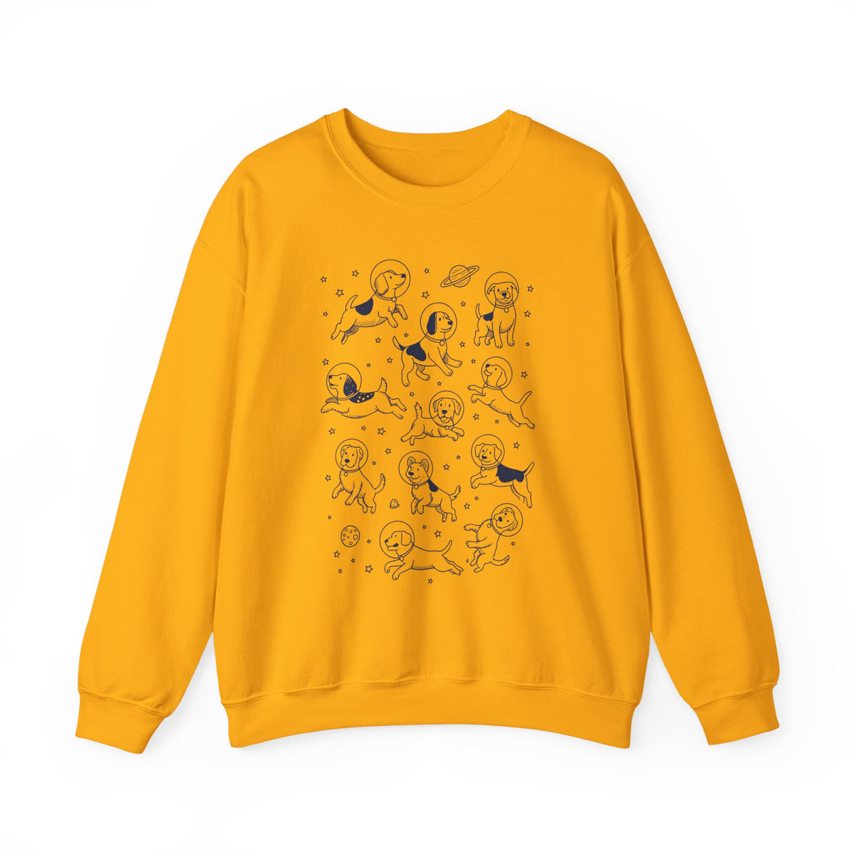 Gold space dogs astronaut sweatshirt with navy line-art dogs in space helmets, front view