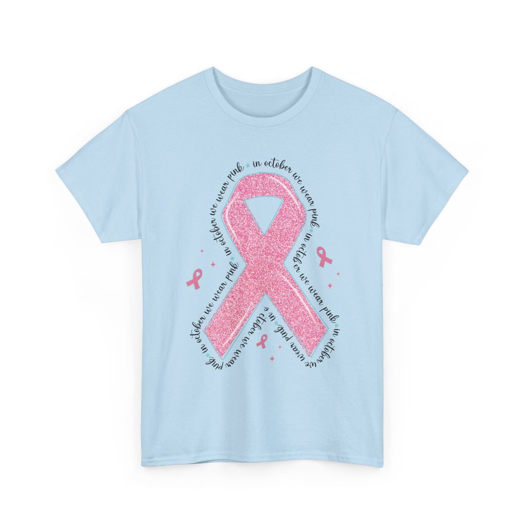 Light Blue In October We Wear Pink ribbon t-shirt with glitter pink ribbon, front view