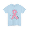 Light Blue In October We Wear Pink ribbon t-shirt with glitter pink ribbon, front view