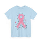 Light Blue In October We Wear Pink ribbon t-shirt with glitter pink ribbon, front view