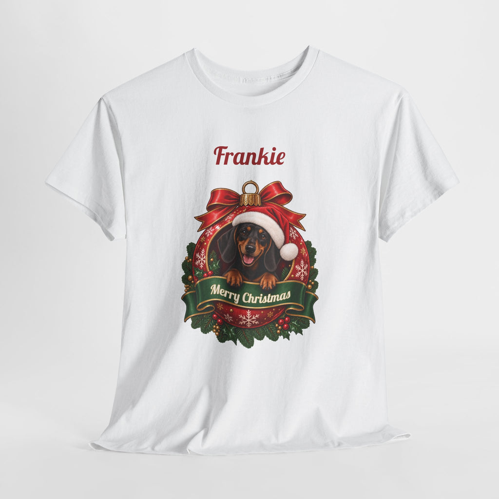 Personalized Dachshund Christmas T-Shirt, hanging on a hanger