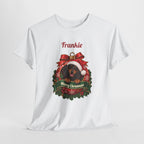 Personalized Dachshund Christmas T-Shirt, hanging on a hanger