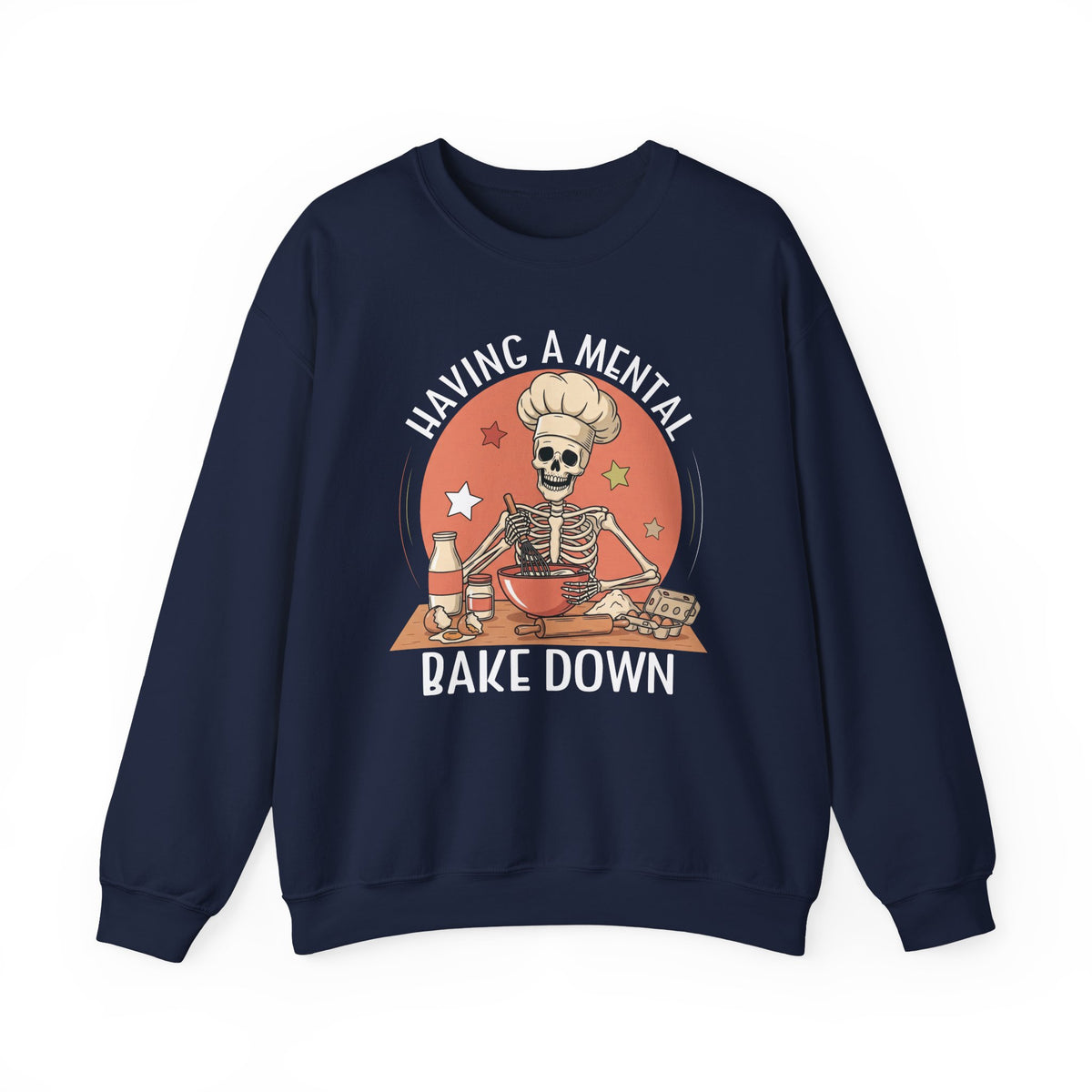 Navy Having A Mental Bake Down skeleton baker sweatshirt, front view