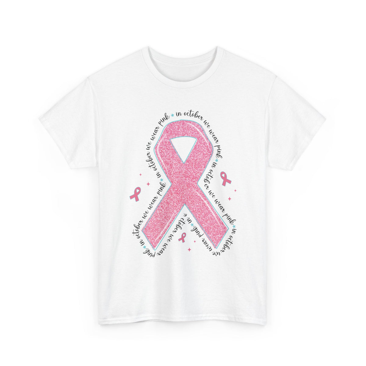 White In October We Wear Pink ribbon t-shirt with glitter pink ribbon, front view