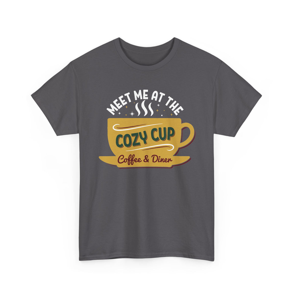 Charcoal Meet Me At The Cozy Cup t-shirt with a steaming golden coffee cup and retro diner lettering, front view