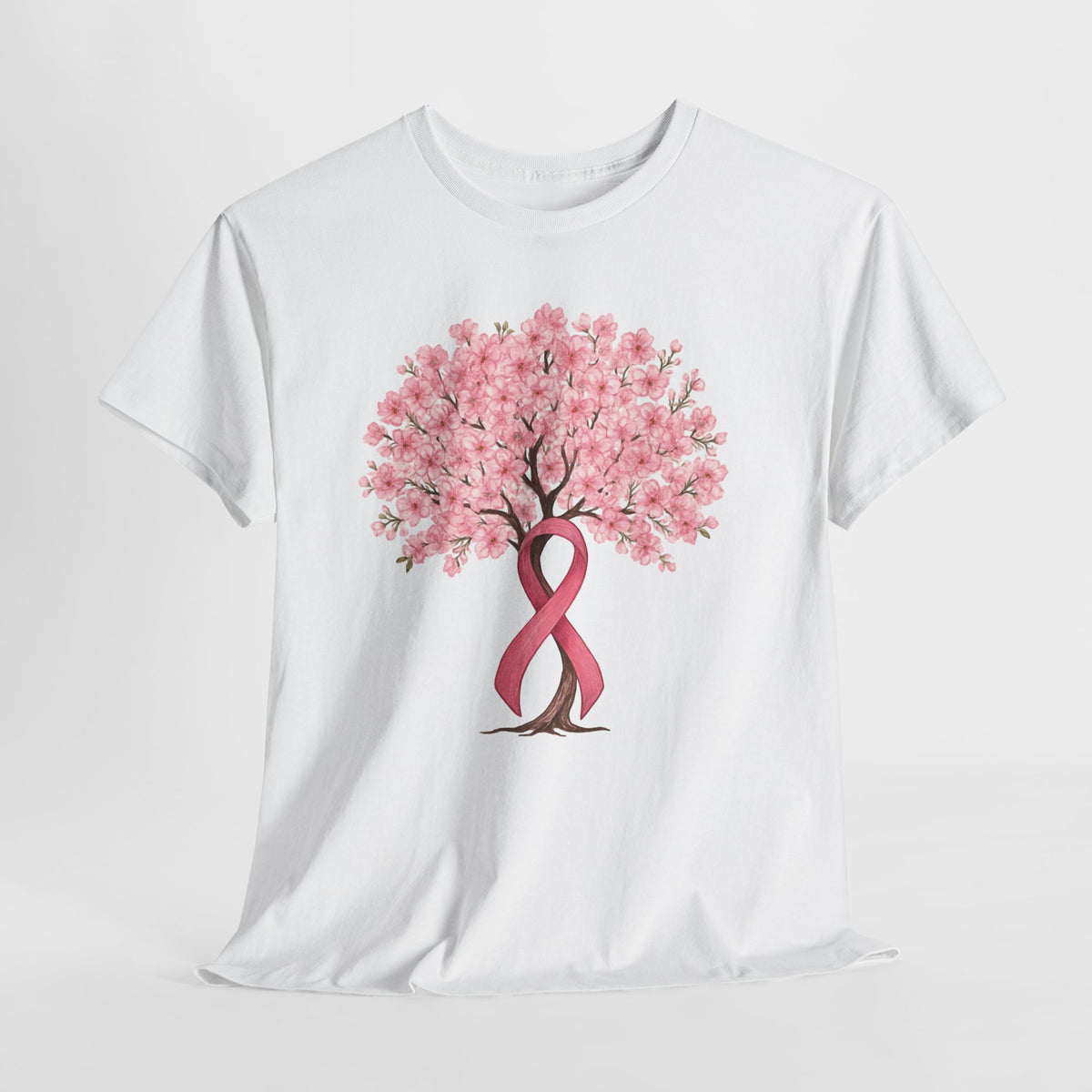 Pink Ribbon Cherry Blossom Tree T-Shirt, flat lay