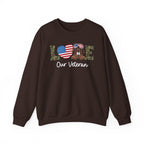 Dark Chocolate love our veteran sweatshirt with camo lettering, flag heart and combat boots, front view