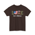 Dark Chocolate love our veteran t-shirt with camo lettering, flag heart and combat boots, front view