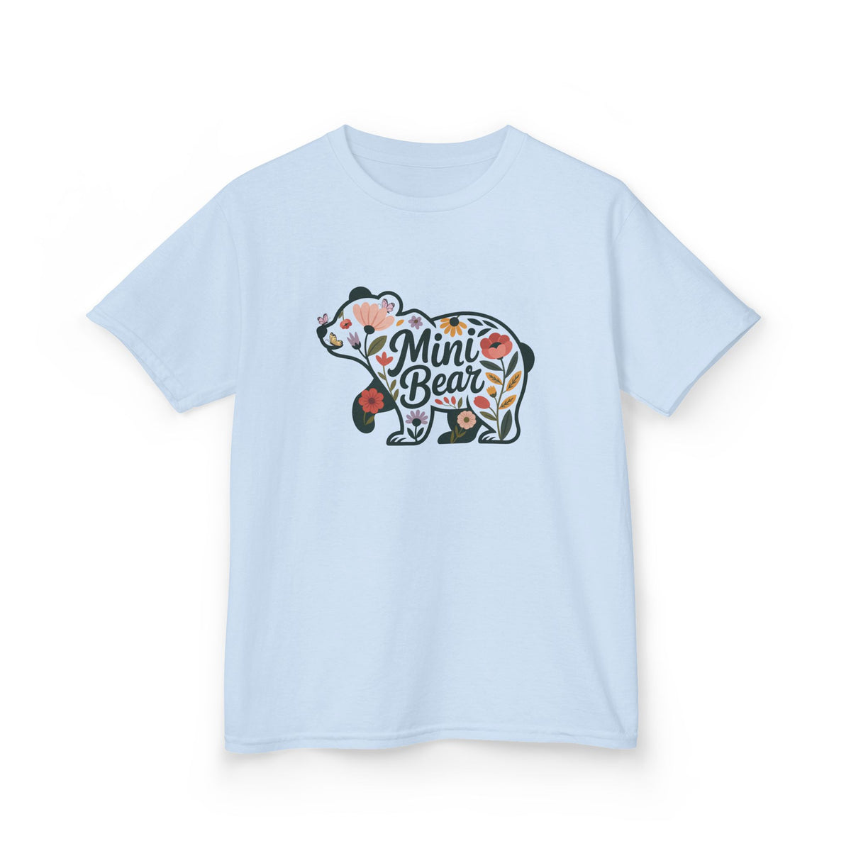 Light Blue Floral Mini Bear kids t-shirt with wildflower bear print, front view