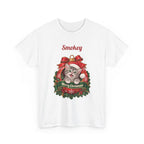 White Personalized Grey Tabby Cat Christmas T-Shirt with a grey tabby cat in a Christmas ornament and a custom name, front view