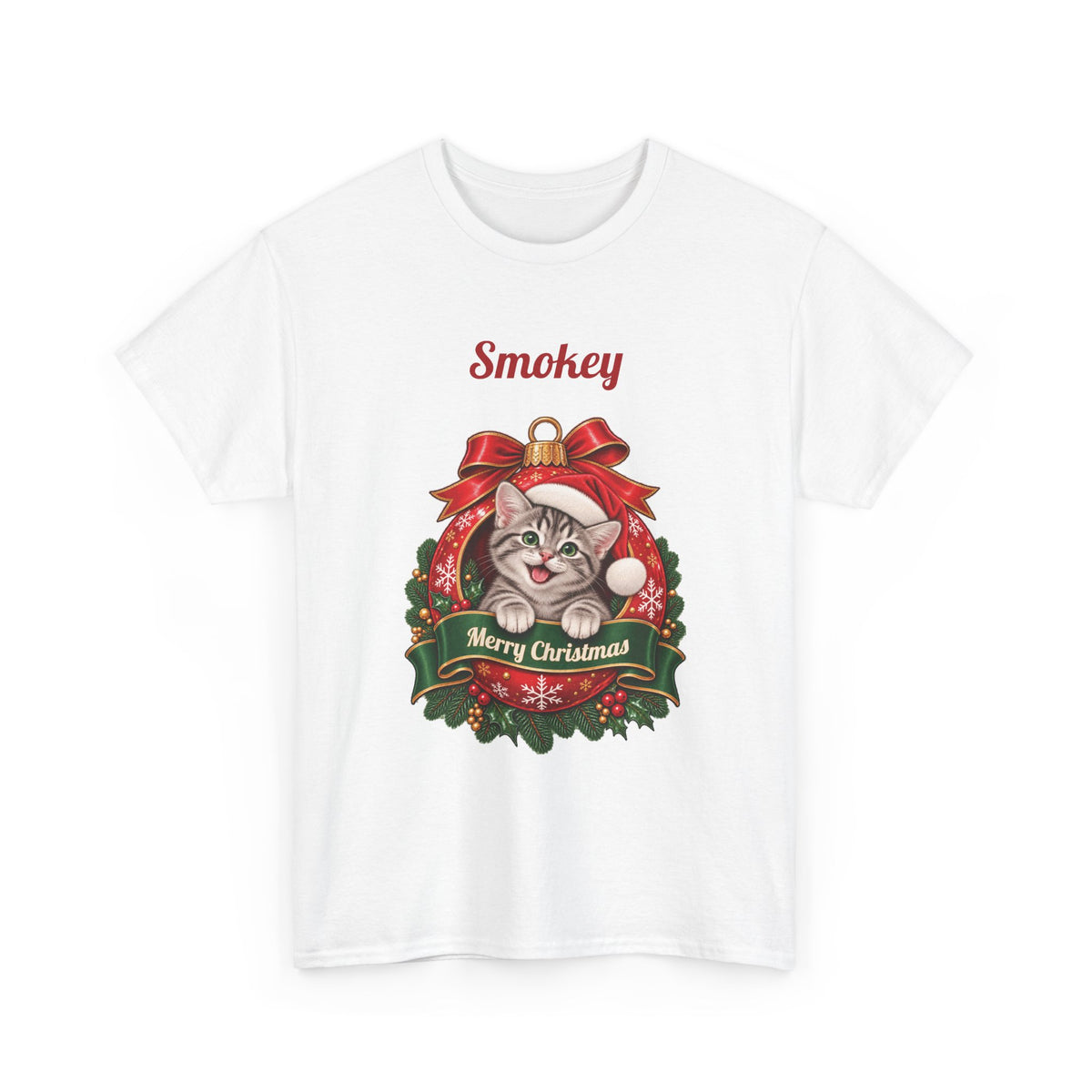 White Personalized Grey Tabby Cat Christmas T-Shirt with a grey tabby cat in a Christmas ornament and a custom name, front view