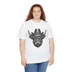 Model wearing the Highland Cow Cowboy Hat T-Shirt