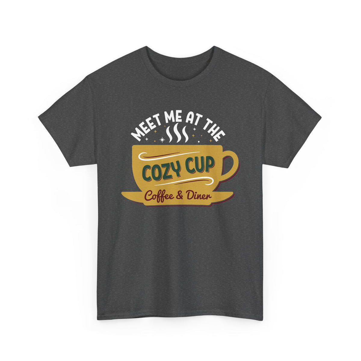 Dark Heather Meet Me At The Cozy Cup t-shirt with a steaming golden coffee cup and retro diner lettering, front view