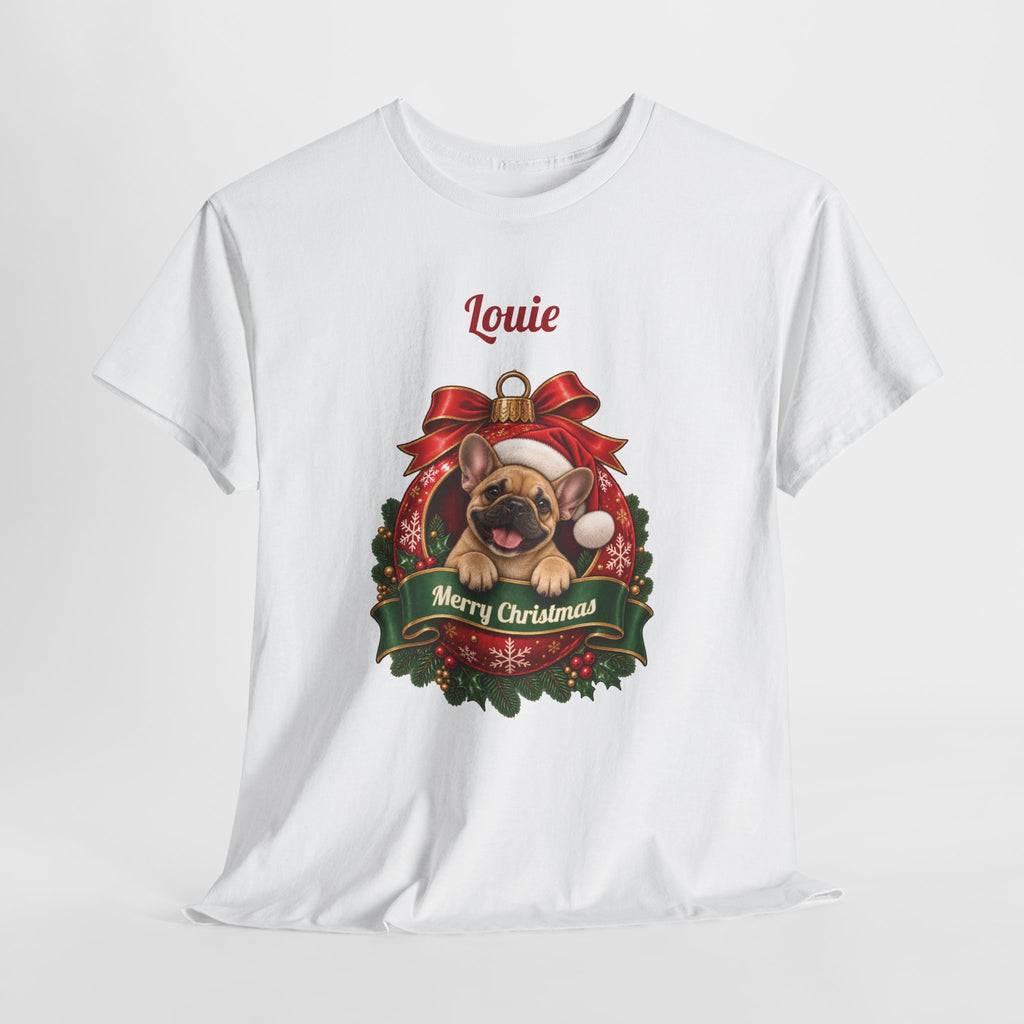 Personalized French Bulldog Christmas T-Shirt, hanging on a hanger
