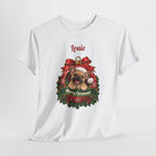 Personalized French Bulldog Christmas T-Shirt, hanging on a hanger